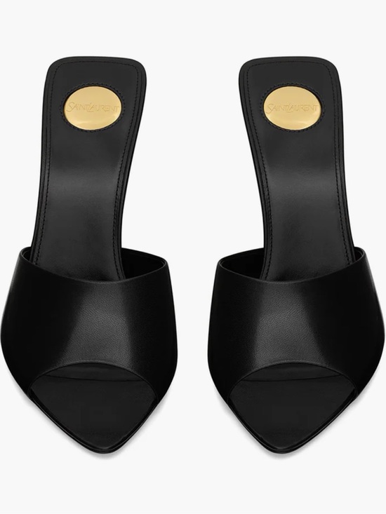 Saint Laurent Shoes - Saint Laurent Black Leather Open-Toe Mules with Gold Logo Medallion